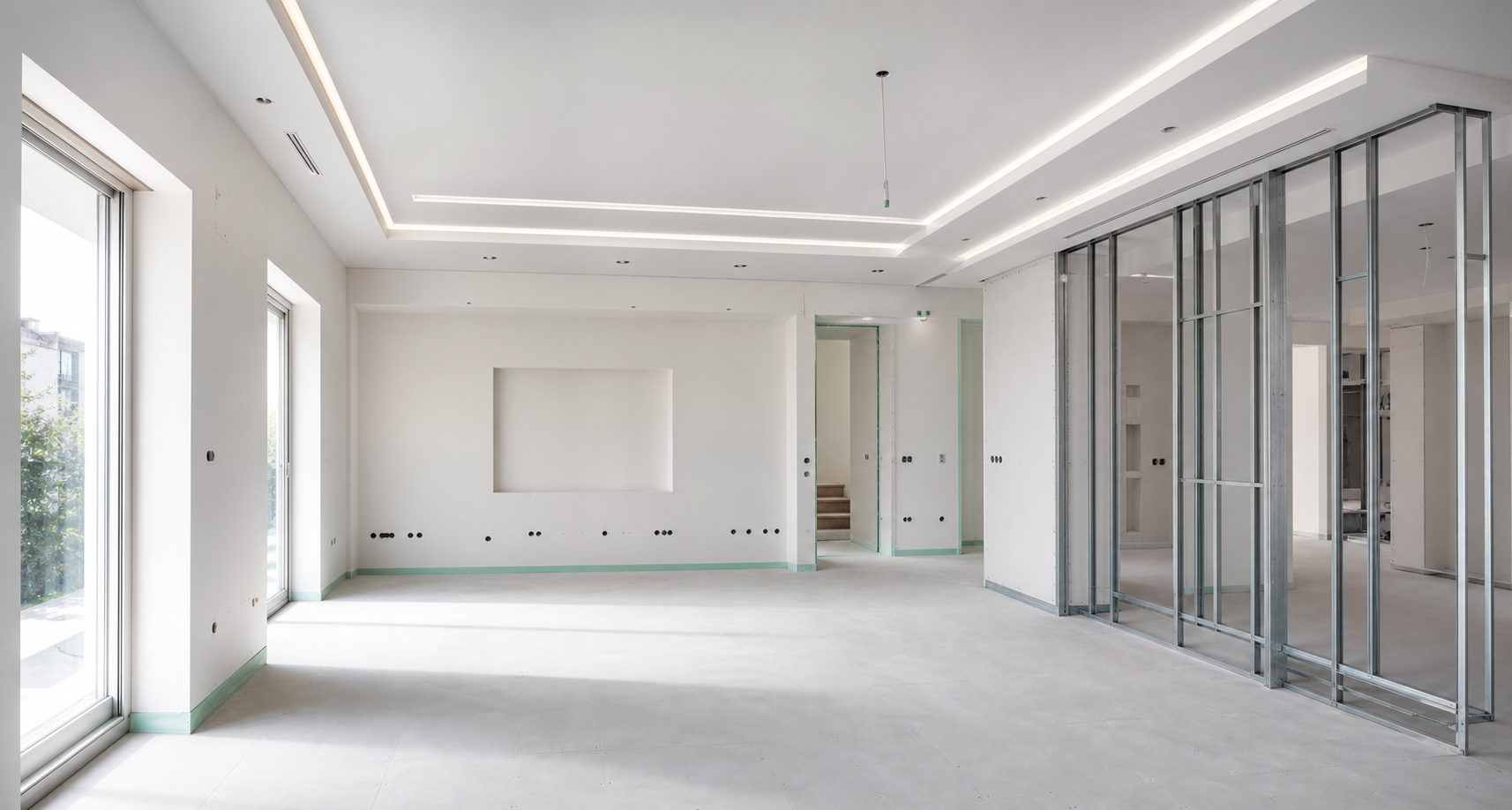 Obra interior com teto falso e estrutura de pladur